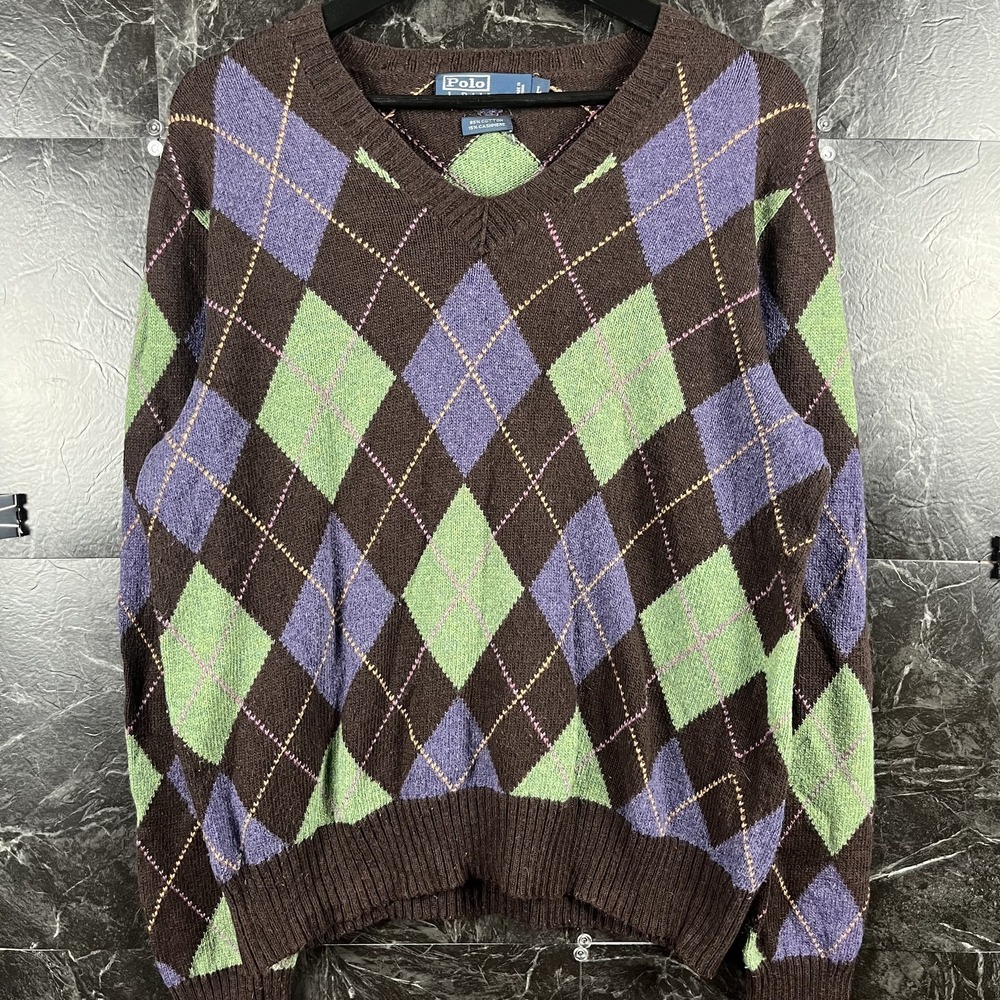 Polo Ralph Lauren Men's Green Cashmere Argyle Sweater Large